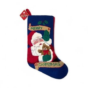 Vintage Latch hook Santa Christmas Stocking with Teddy Bear NWT